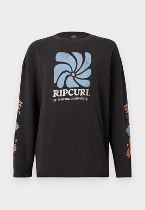 Musta pitkähiha paita, jossa sininen abstrakti kukkalogo, edessä teksti "Rip Curl Surfing Company" ja hihansuissa samat kukkakuviot.