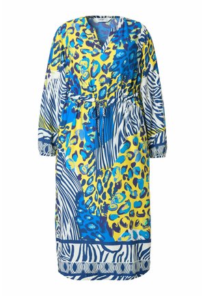 Multikleurige jurk met een V-hals, lange mouwen, elastische taille met strik en een levendige dierenprint in blauwe, gele en witte tinten.