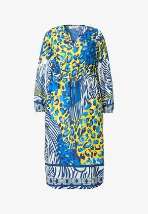 Farverig kjole med V-udskæring, lange ærmer, elastisk talje med bånd og et livligt dyreprint i blå, gul og hvide nuancer.