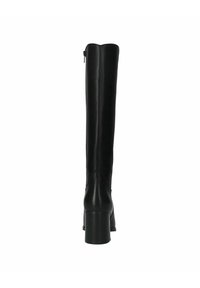 Black leather knee-high boots with a square toe, block heel, and a rear zipper closure, showcasing a sleek, smooth texture.