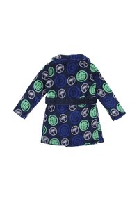 Navy blue robe featuring green and blue circular patterns with superhero fists and shields, designed for children, with a tie belt.