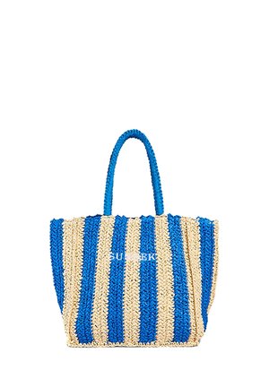 Borsa tote intrecciata a righe blu e beige con due manici e logo "SUNDEK" sulla parte frontale.