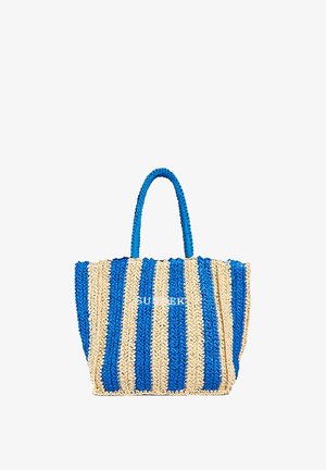 Borsa tote intrecciata a righe blu e beige con due manici e logo "SUNDEK" sulla parte frontale.
