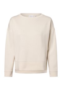 Sudadera unisex de cuello redondo en color crema, hecha de un tejido suave. Presenta puños y dobladillo de canalé, con hombros caídos y una sutil marca.