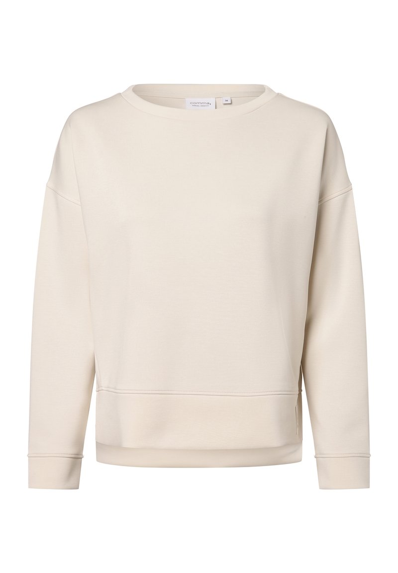 Sudadera unisex de cuello redondo en color crema, hecha de un tejido suave. Presenta puños y dobladillo de canalé, con hombros caídos y una sutil marca.