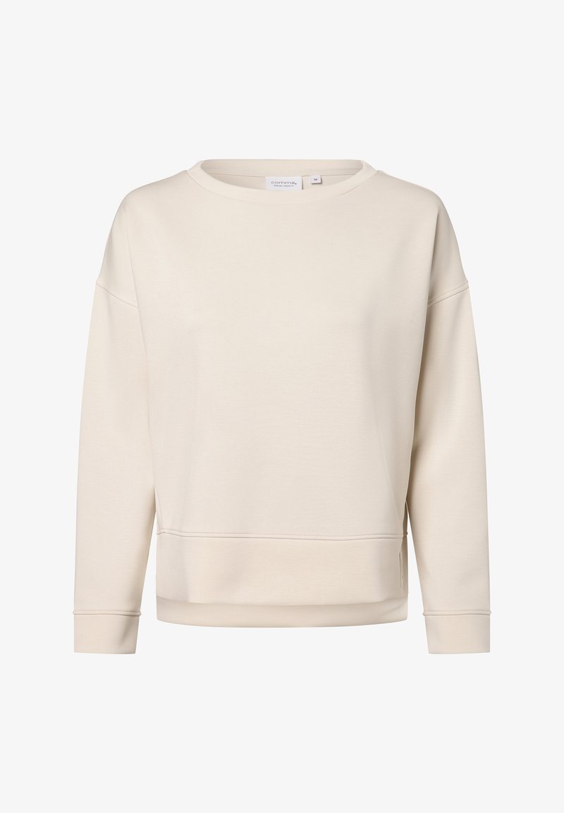 Sudadera unisex de cuello redondo en color crema, hecha de un tejido suave. Presenta puños y dobladillo de canalé, con hombros caídos y una sutil marca.