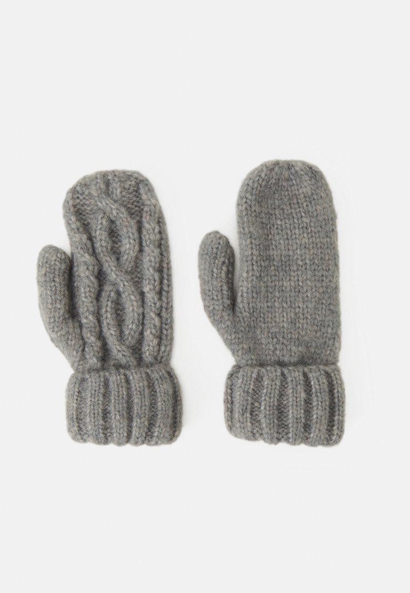 Knitted grey mittens with a textured cable design on one side and a ribbed cuff. Soft wool material, featuring a rounded shape.