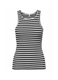 Zwart-wit gestreepte tanktop, geribbelde textuur, mouwloos ontwerp, met een brede halslijn en contrasterende rand langs de kraag.