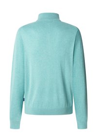 Maglione turchese chiaro con colletto alto, maniche lunghe e polsini a coste. Realizzato in tessuto morbido, presenta una consistenza liscia e un design semplice.