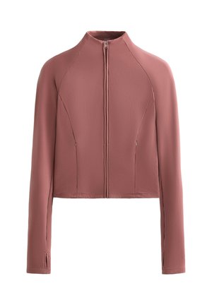 Langärmlige, kurz geschnittene Jacke in gedämpftem Rosenrot mit hohem Kragen, Frontreißverschluss, Seitentaschen und Daumenlöchern an den Ärmeln.