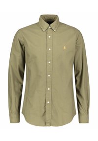 Oliwkowa koszula zapinana na guziki, wykonana z bawełny, z klasycznym kołnierzykiem, długimi rękawami oraz małym haftowanym logo na piersi.