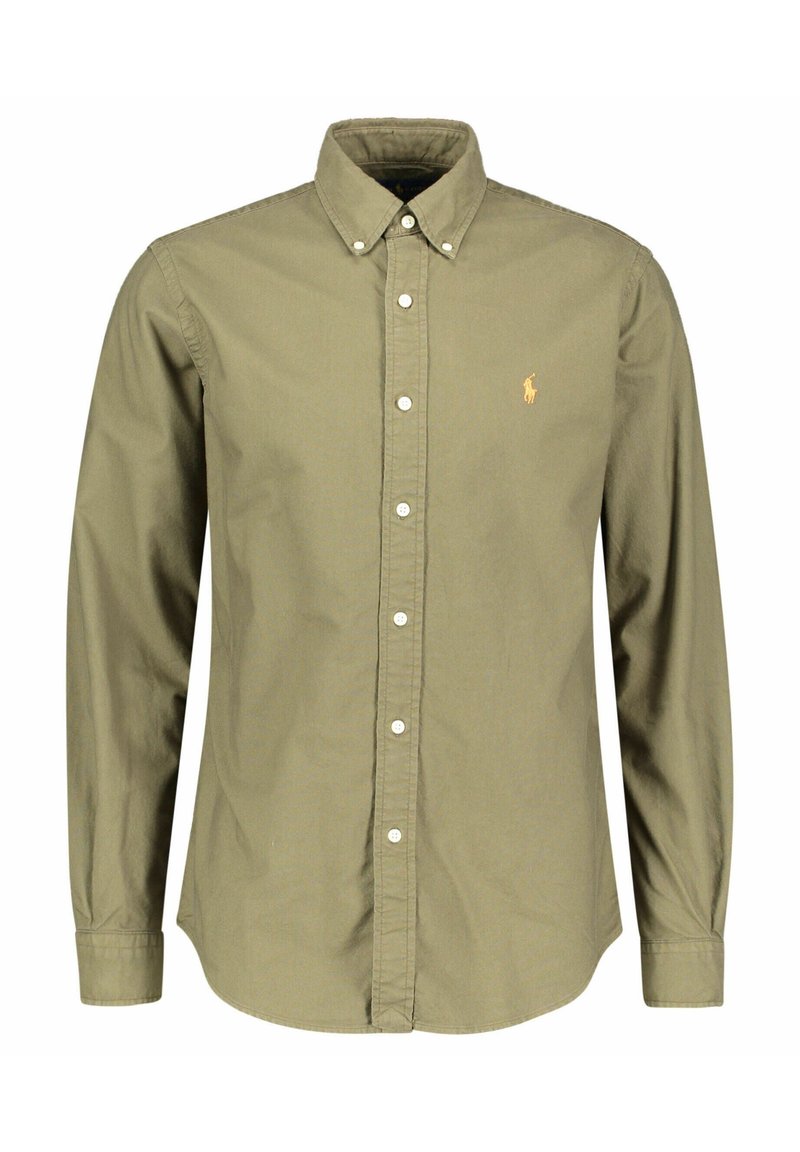 Oliwkowa koszula zapinana na guziki, wykonana z bawełny, z klasycznym kołnierzykiem, długimi rękawami oraz małym haftowanym logo na piersi.