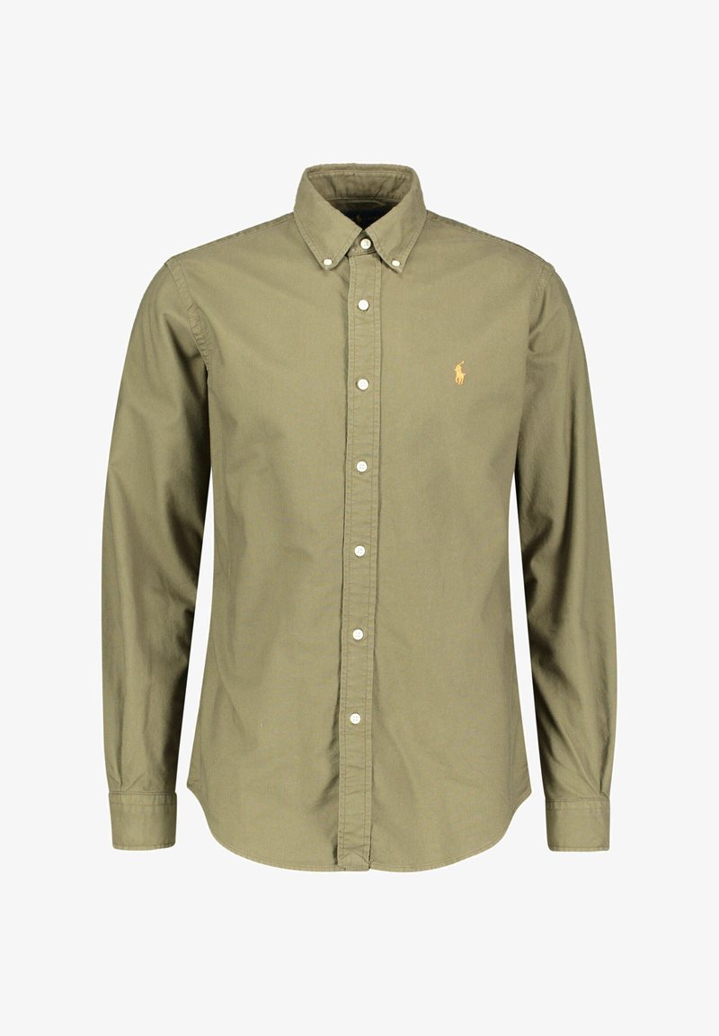 Oliwkowa koszula zapinana na guziki, wykonana z bawełny, z klasycznym kołnierzykiem, długimi rękawami oraz małym haftowanym logo na piersi.