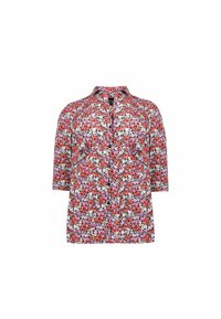 Camicia a stampa floreale con fiori rossi, rosa e bianchi su sfondo nero. Parte anteriore con bottoni, colletto e maniche a tre quarti.