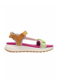 Multicolor athletic sandals featuring a tan suede upper, adjustable straps, and a thick white sole with a pink insole and rubber outsole.