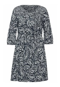 Vestido azul marino con un patrón de paisley blanco, mangas tres cuartos y una cintura ajustable con cordón para un ajuste relajado.