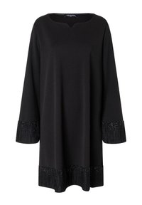Schwarzes Langarmkleid mit rundem Ausschnitt. Verfügt über einen strukturierten Stoff mit verzierten Manschetten und Saum, die dekorative Details hinzufügen.