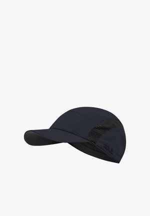 Navy sports cap made of lightweight, breathable fabric with mesh panels, curved visor, and logo detailing on the side.