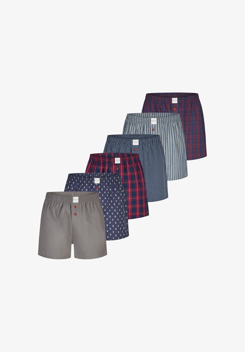 Cinq paires de boxers pour hommes dans différents motifs et couleurs : gris, bleu marine à pois, rayé, à carreaux et uni. Tous comportent une ceinture élastique.