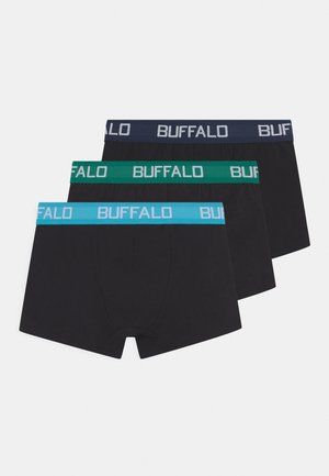 Three pairs of black boxer shorts with colored elastic waistbands in green, light blue, and dark blue, featuring the word "BUFFALO" printed.