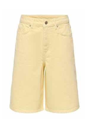 Gule cowboy-shorts med høj talje med frontknap, bæltestropper og to forlommer, vist på en hvid baggrund.