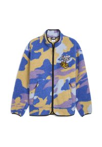 Giacca in pile con motivo mimetico blu, giallo e viola. Presenta una cerniera frontale, un colletto alto e un dettaglio con logo ricamato.