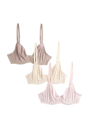 Fire bløde stropdåser i beige, creme og lyserød, arrangeret i et forskudt layout på en hvid baggrund.