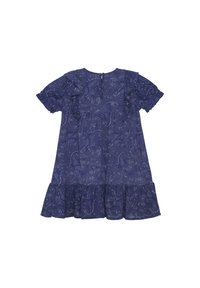 Königsblaues Kleid mit Paisleymuster, kurzen Rüschensäumen, einem gestuften Rüschensaum und einem Knopfverschluss auf der Rückseite. Leichtes Material.