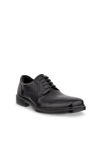 Sort lædersko til mænd med snørebånd og lav hæl, vist i en let vinkel på en hvid baggrund.