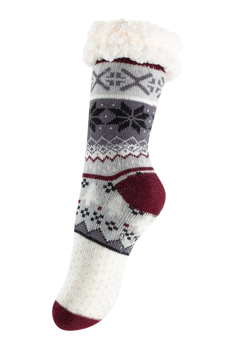 Calzino lavorato a maglia in crema, grigio e bordeaux con motivi di fiocchi di neve e geometrici; polsino bianco morbido e dettagli in rilievo antiscivolo sulla suola.