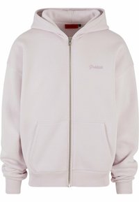 Felpa con zip rosa chiaro realizzata in tessuto morbido, con tasca frontale, polsini a costine e cappuccio con un logo discreto sul petto.