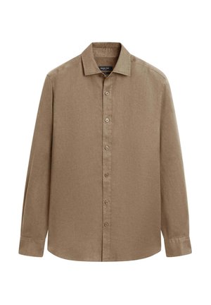 Hnědá košile s dlouhým rukávem a knoflíky, klasickým límcem, hladkou texturou a padnoucím střihem.