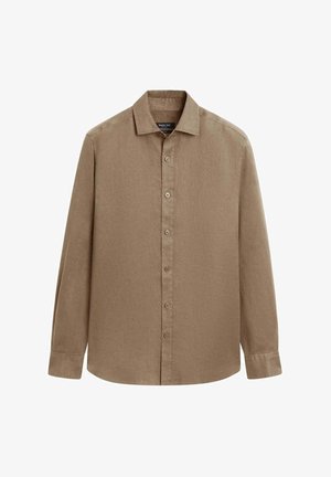 Bruin overhemd met lange mouwen en knopen, voorzien van een klassieke kraag, een gladde textuur en een getailleerde pasvorm.