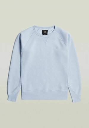 Light blue crewneck sweatshirt with long sleeves, ribbed cuffs and hem, and subtle logo on the chest, laid flat on a neutral background.