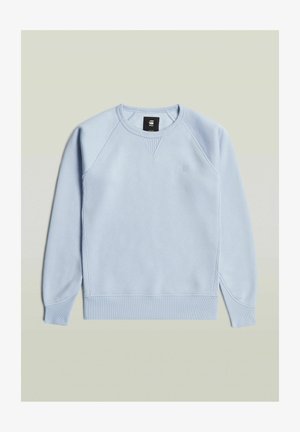 Light blue crewneck sweatshirt with long sleeves, ribbed cuffs and hem, and subtle logo on the chest, laid flat on a neutral background.