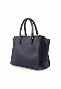 Sac à main en cuir bleu marine avec deux poignées supérieures, forme rectangulaire, design structuré et compartiment principal zippé.