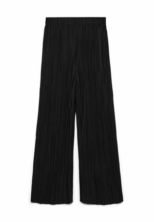 Pantalones de pierna ancha negros, hechos de tejido plisado, con una cintura plana y una superficie texturizada con pliegues verticales en todo su diseño.