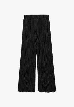 Black wide-leg trousers made of pleated fabric, featuring a flat waistband and a textured surface with vertical folds throughout.
