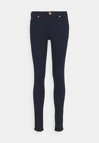 Dark blue skinny jeans with five pockets, copper rivets, and button closure, displayed on a plain white background.