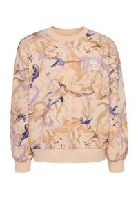 Beige sweatshirt met een gekleurde marmerpatroon in paars, blauw en bruin. Voorzien van een ronde hals en een logo op de linkerkant van de borst.