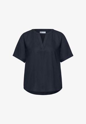 Street One -merkin lyhythihainen musta pusero, jossa on V-kaula-aukko ja pyöristetty helma.