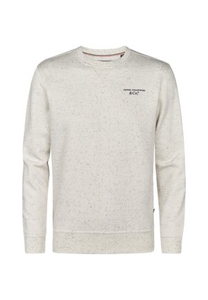 Sweatshirt crème avec un motif texturé et chiné en bleu foncé. Équipé d'un col rond et de poignets côtelés. Logo imprimé sur la poitrine.