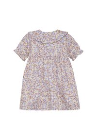 Robe fleurie avec un fond bleu clair et des fleurs roses et violettes, un collier volants et des manches courtes, fabriquée en tissu doux.