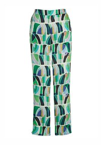 Patronen met wijde pijpen, gekenmerkt door een veelkleurig ontwerp met groene, zwarte en blauwe vormen op een lichte achtergrond. Soepele stoffen textuur.
