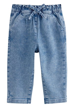 Pantalon en jean bleu clair pour tout-petits avec taille élastique et cordon, avec poches devant et jambes droites.