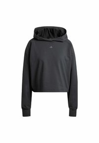 Zwarte cropped hoodie van zacht materiaal met een trekkoordkap. Bevat lange mouwen en een subtiele logo op de borst.