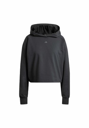 Sort cropped hoodie lavet af blødt stof med snor i hætten. Har lange ærmer og et diskret logo på brystet.