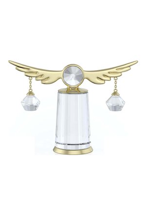 Clear crystal figurine with a gold wing-like design, featuring a central circular detail and two dangling crystal accents.