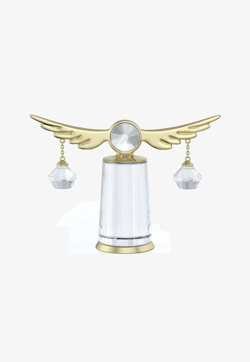 Przezroczysta figurka z kryształu z goldowym, skrzydłopodobnym wzorem, z centralnym okrągłym detalem i dwoma zwisającymi akcentami z kryształu.