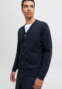 Uomo che indossa un cardigan blu navy con bottoni sopra una camicia bianca, in piedi e con lo sguardo leggermente rivolto a sinistra su uno sfondo semplice.